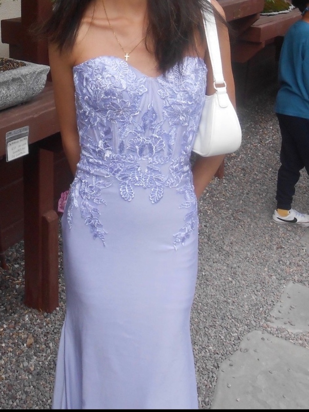 Strapless Lavender Lace Appliqué Evening Gown